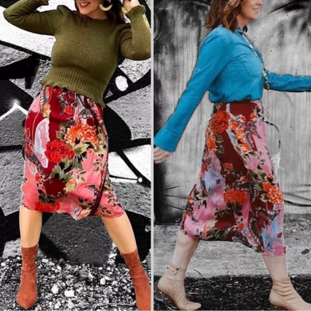 Anthropologie | Brina Faux Wrap Skirt Size 10 Butterfly Floral Tropical Print